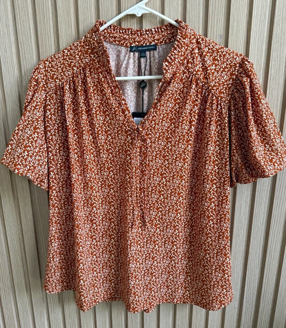 NEW W/ Tags Adrianna Papell Floral Knit Ruffle Tie V-Neck Puff Sleeve Blouse L